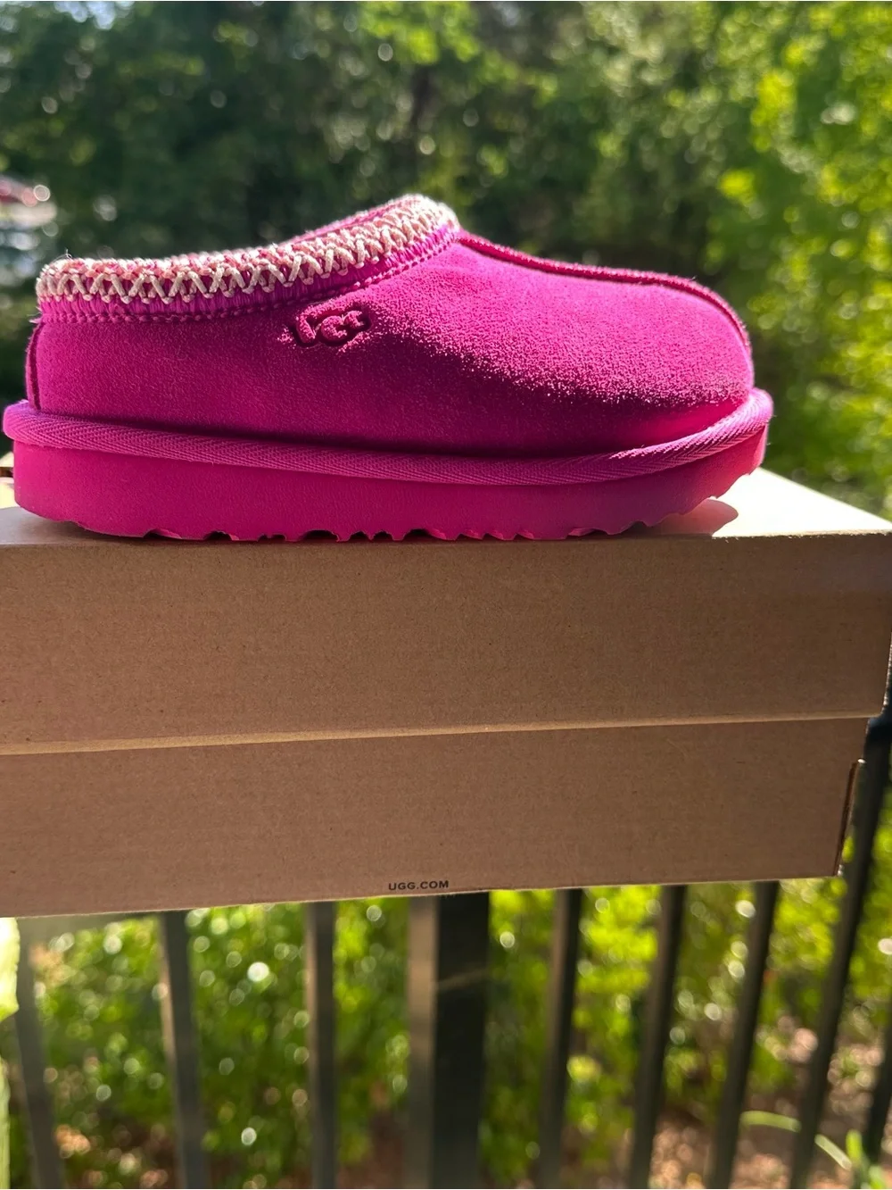 UGG Kids Bright Pink Suede Slip-On Slippers with Braided Trim